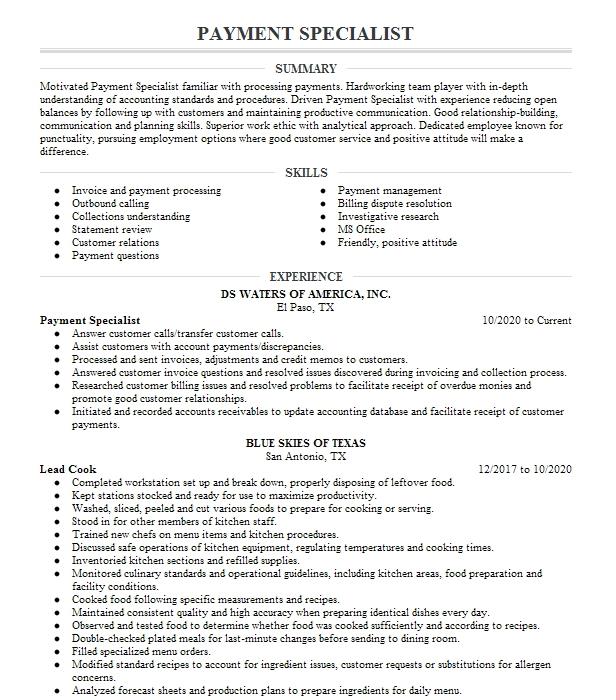 Payment Specialist Resume Example