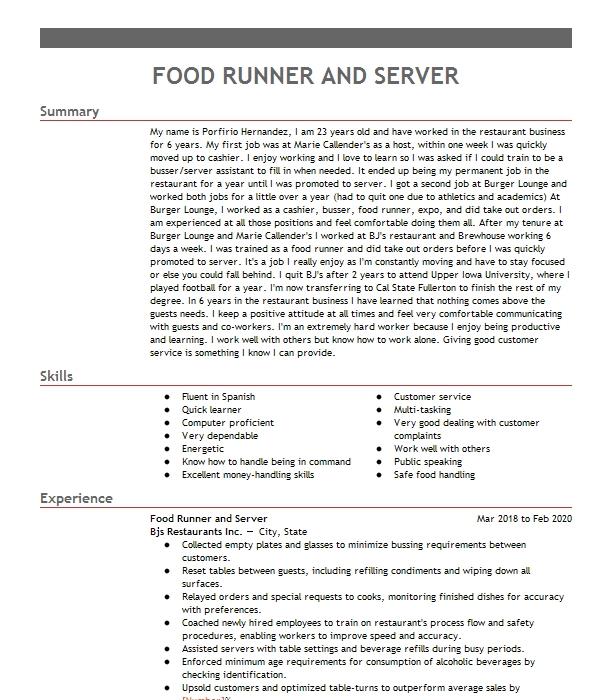 Food Runner Server Resume Example