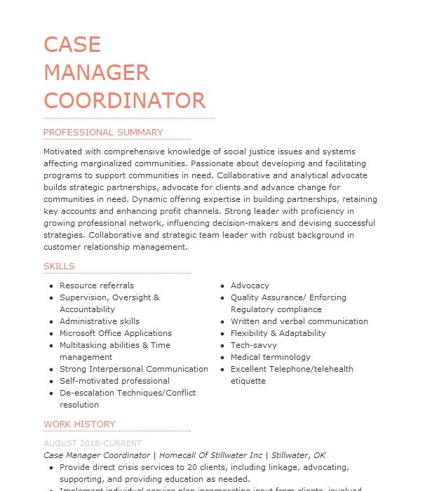 Case Manager Coordinator Resume Example