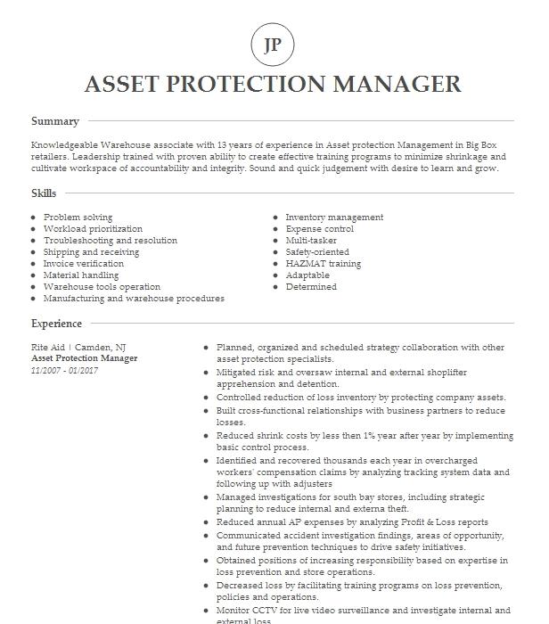 Asset Protection Manager Resume Example