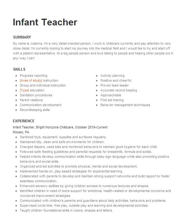 Infant Teacher Resume Example