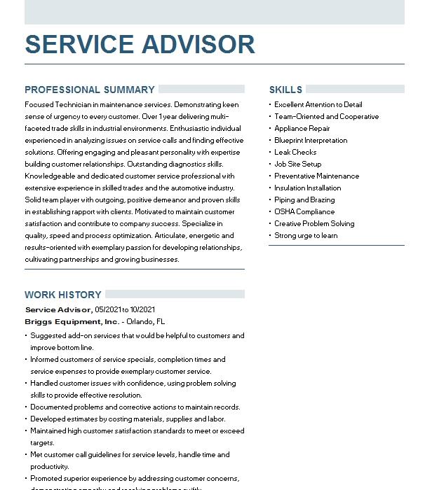 service advisor resume examples