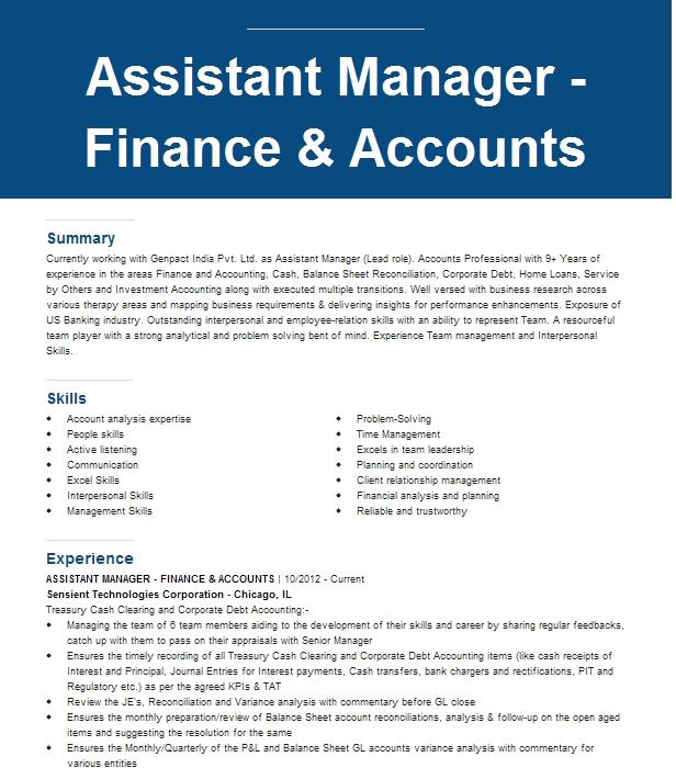 Assistant Manager Finance Accounts Resume Example