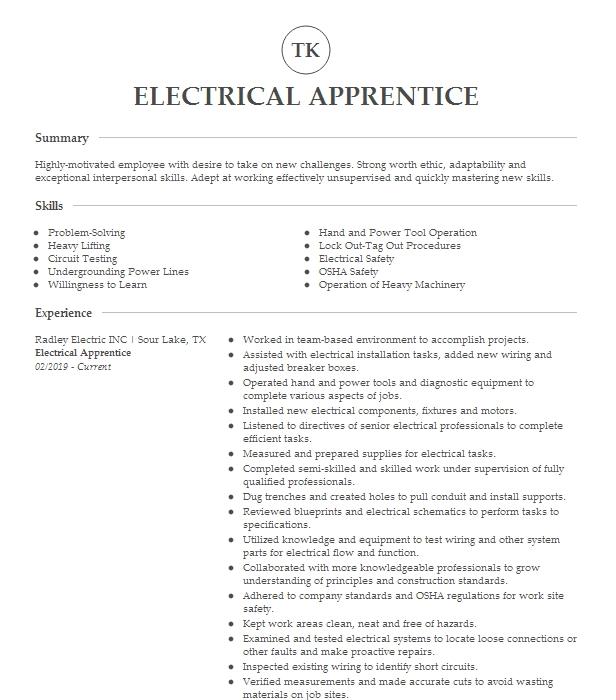 Electrical Apprentice Resume Example