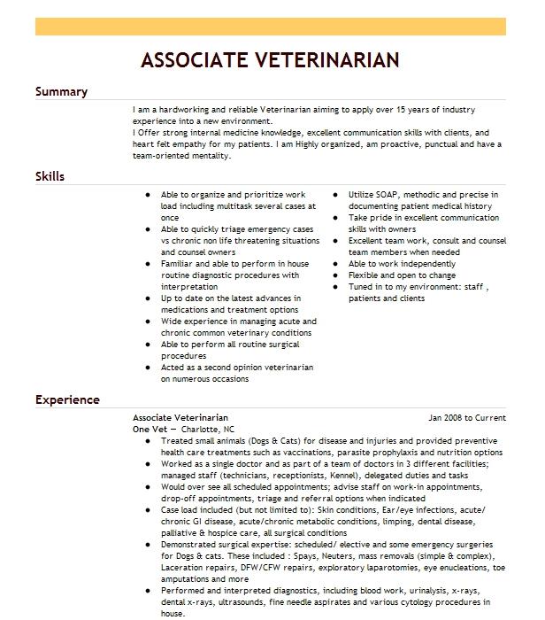 Associate Veterinarian Resume Example