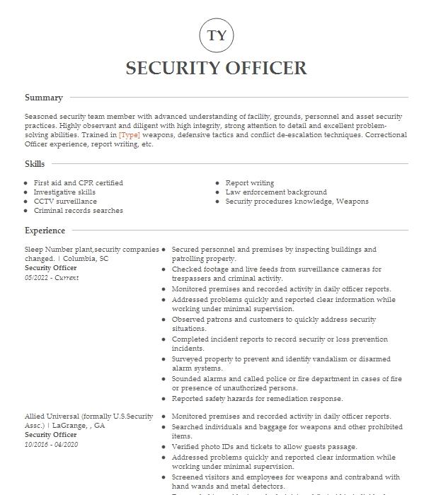 Security Officer Resume Example