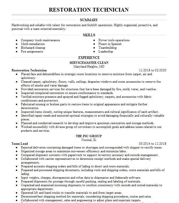 Restoration Technician Resume Example