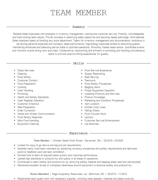 Team Member Resume Example