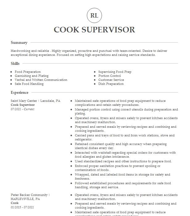 Cook Supervisor Resume Example