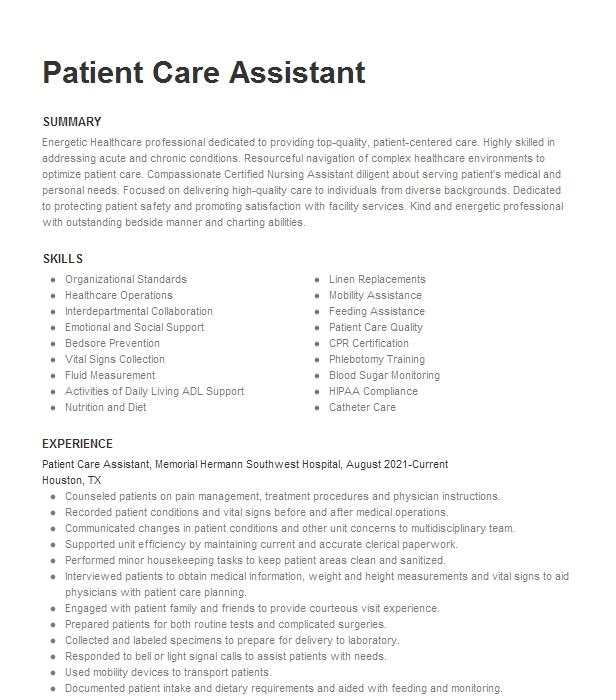 Patient Care Assistant Resume Example