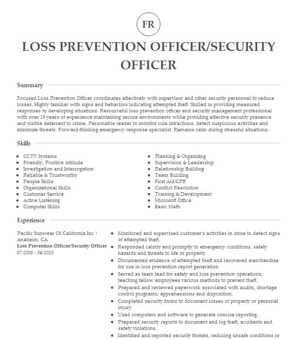 Loss Prevention Officer Resume Objective Livecareer