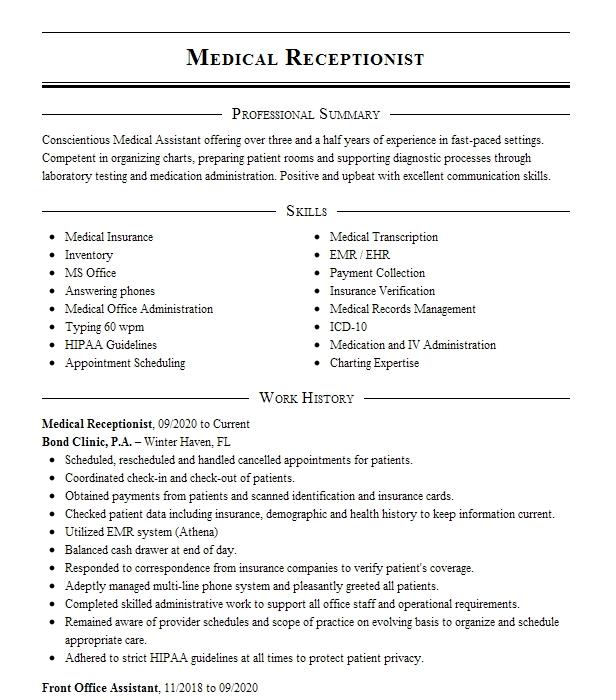 Medical Receptionist Resume Example