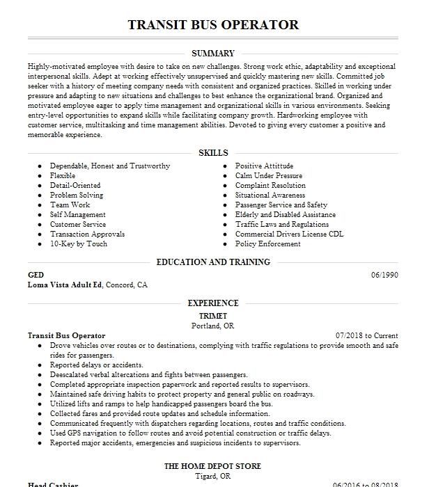 Transit Bus Operator Resume Example