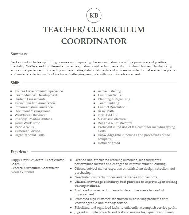 Primary Teacher Curriculum Coordinator Resume Example