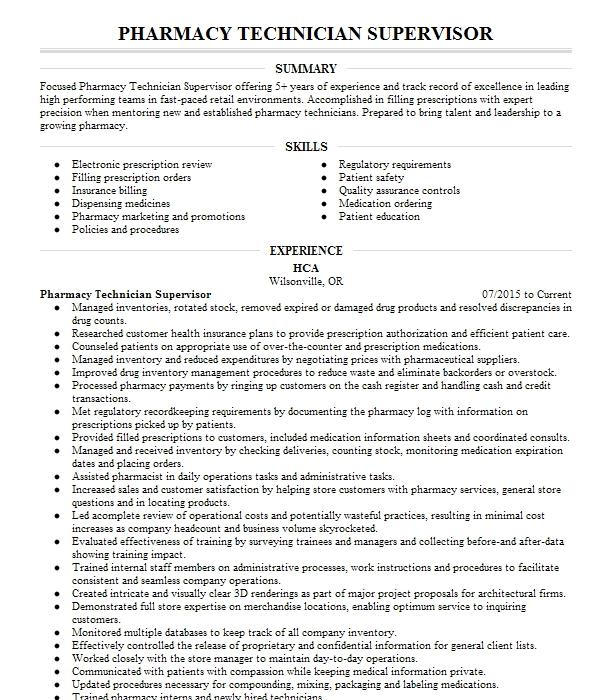 Pharmacy Technician Supervisor Resume Example