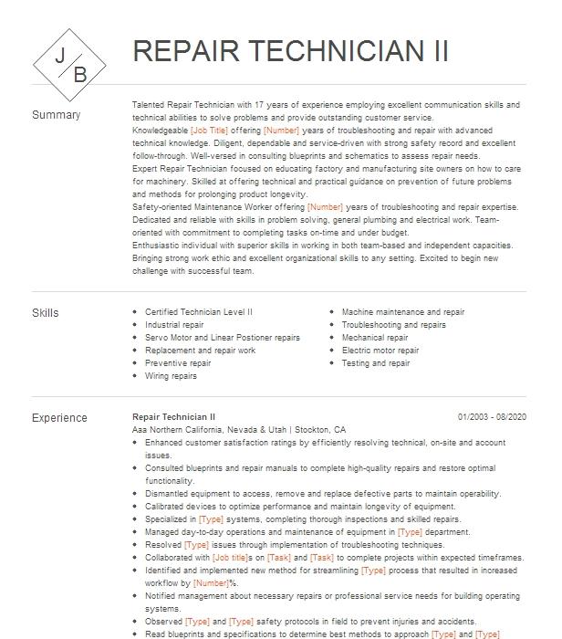 Repair Technician Ii Resume Example