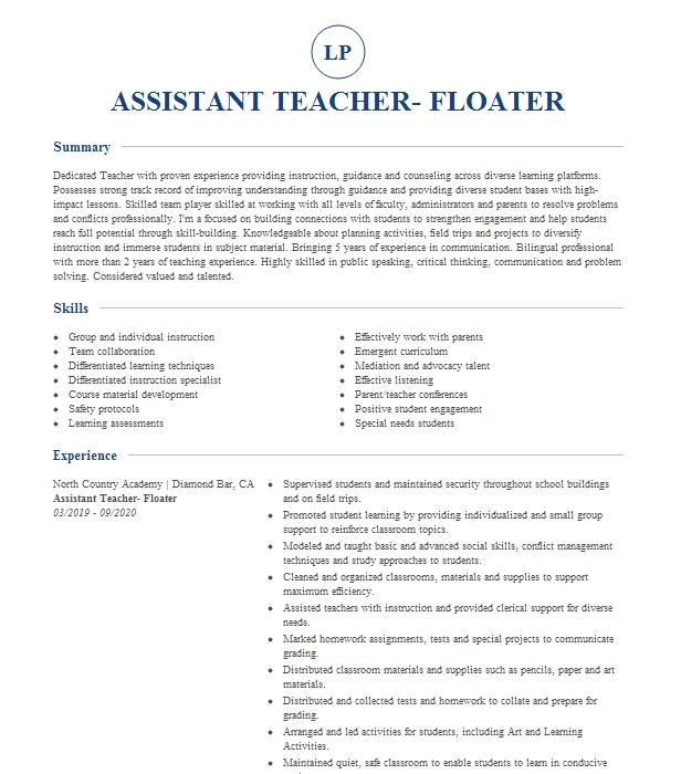 Assistant Teacher Floater Teacher Resume Example 6329