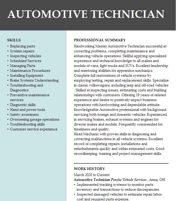 Automotive Technician Resume Example