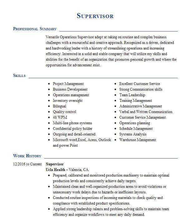 Supervisor Resume Example