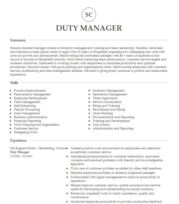 Duty Manager Resume Example