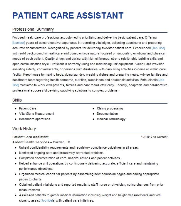 Patient Care Assistant Resume Example