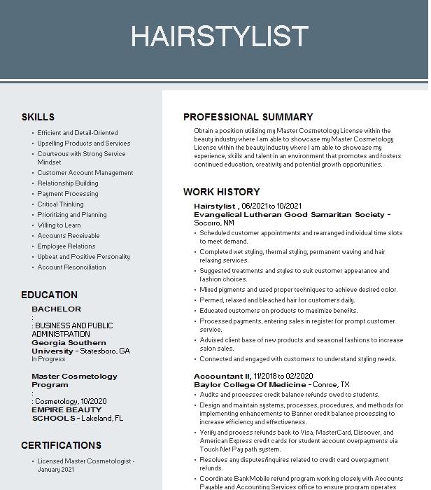 Hairstylist Resume Example