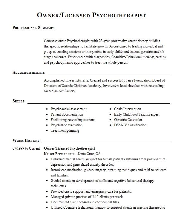 Licensed Clinical Psychotherapist Resume Example