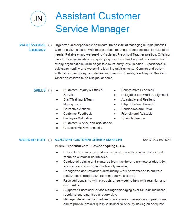 resume for assistant manager customer service