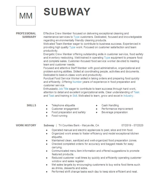 Subway Resume Example