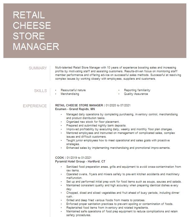 Cheese Manager Resume Example