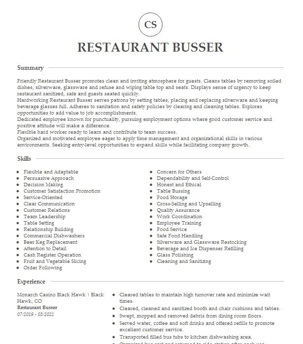 Restaurant Busser Resume Example