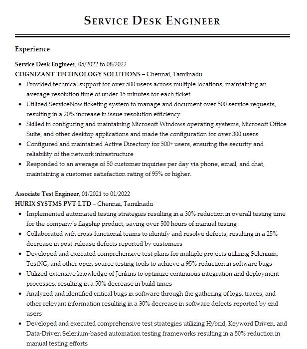 it service desk engineer resume