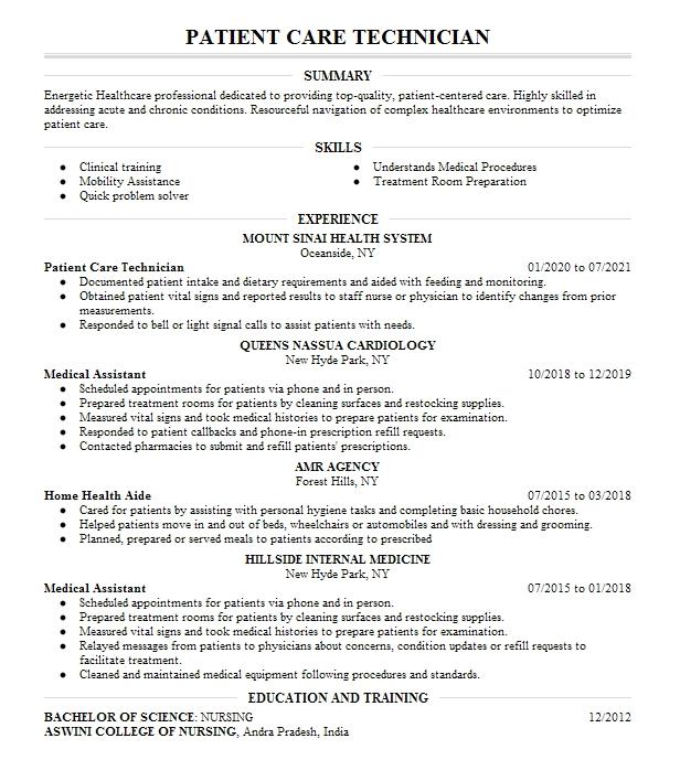 Patient Care Technician Resume Example