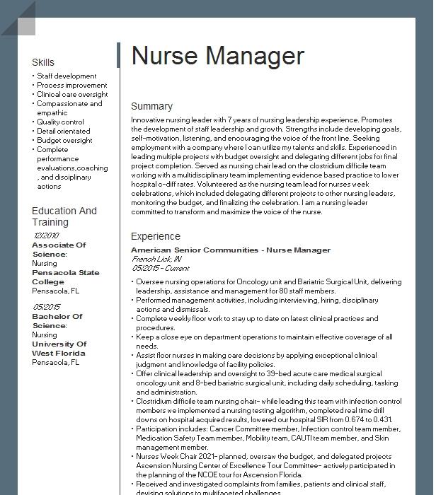 Nurse Manager Resume Example