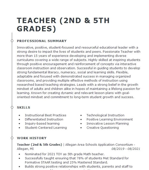 Elementary Teacher Grades Kindergarten 2nd Resume Example