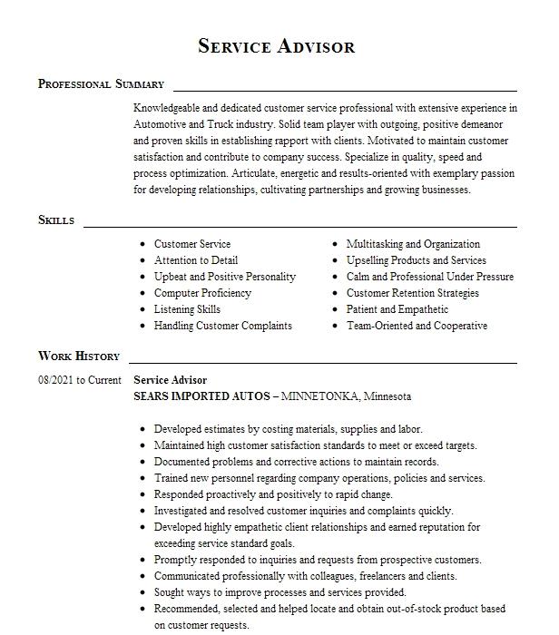 Service Advisor Resume Example