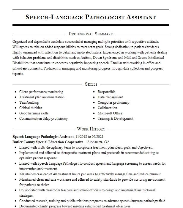 Speech Pathologist Assistant Resume Example