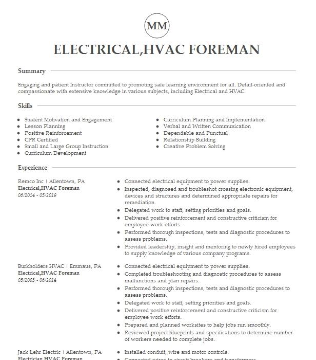 Electrical Hvac Resume Example