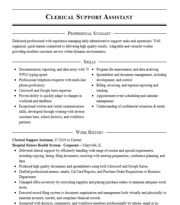 Clerical Assistant Office Support Resume Example