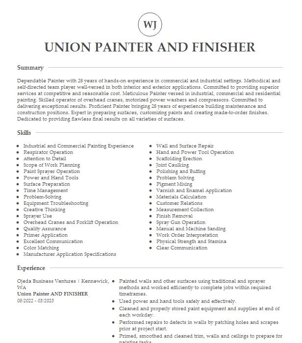 Union Painter Resume Example