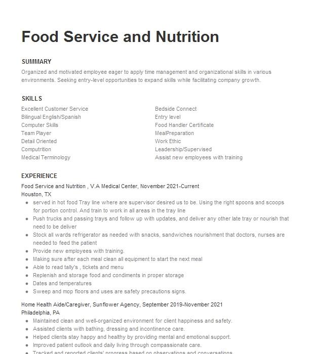 Food Service And Nutrition Resume Example