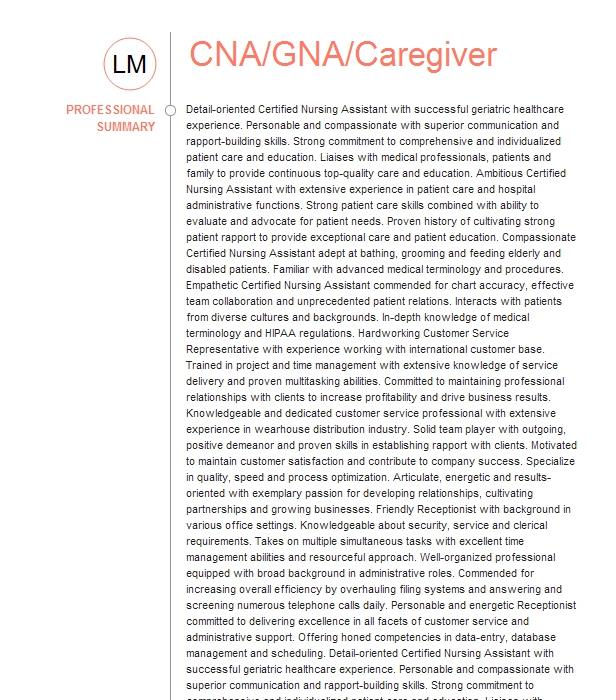 Cna Gna Caregiver Resume Example