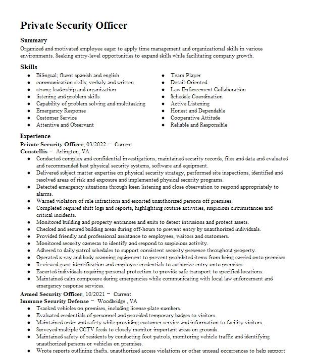 Private Security Officer Resume Example