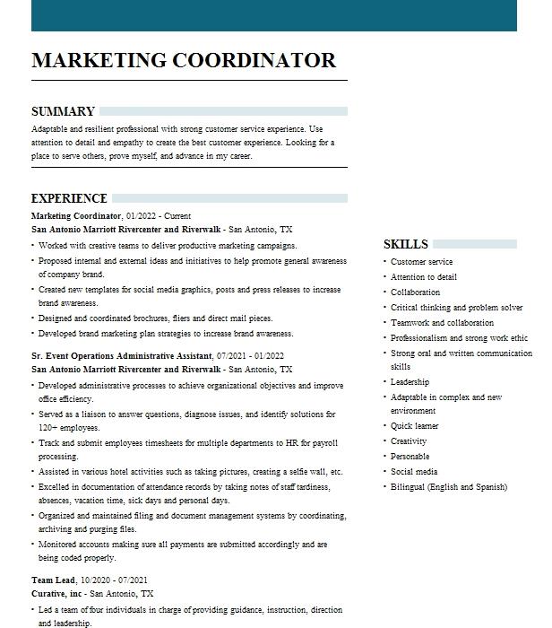 Marketing Coordinator Resume Example