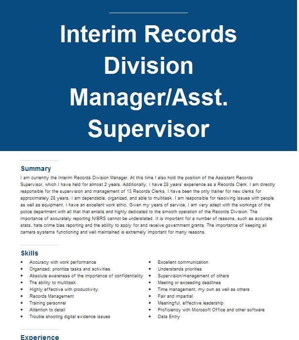 Asst. Supervisor Resume Example