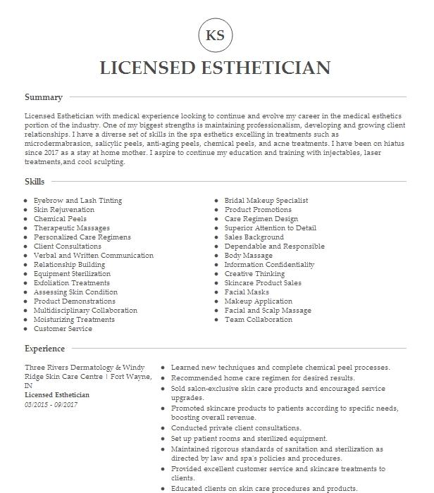 Licensed Managing Esthetician Resume Example