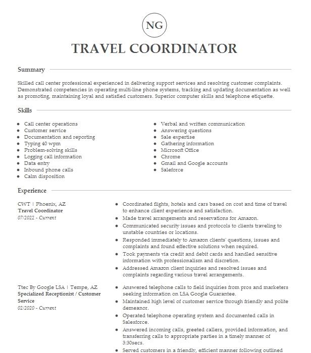 Travel Coordinator Resume Example