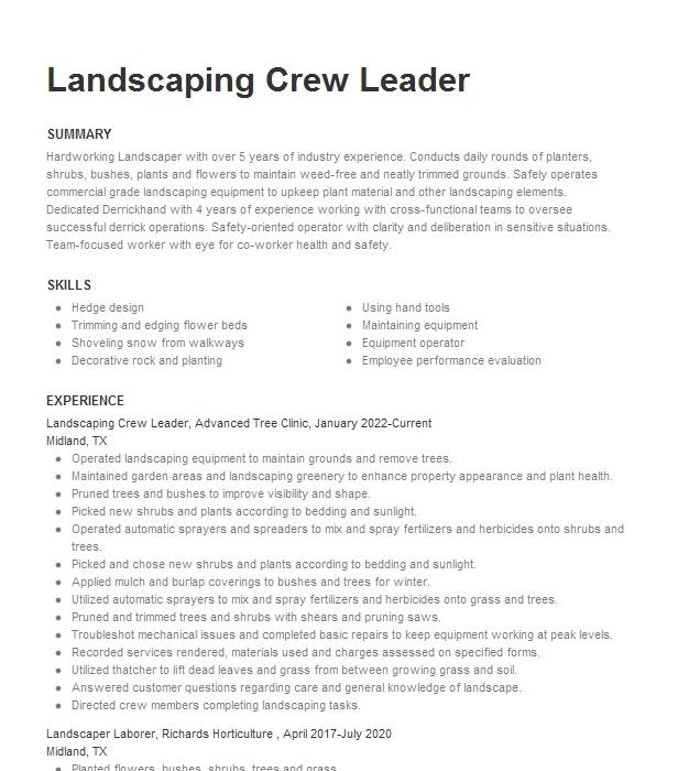 Landscaping Crew Leader Resume Example