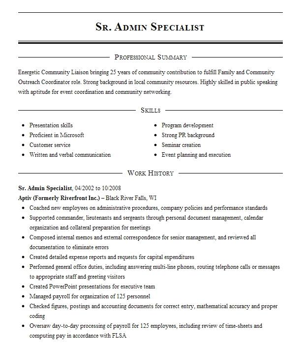 Admin. Support Specialist, Sr. Resume Example