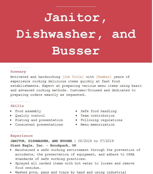 Dishwasher Busser Resume Example